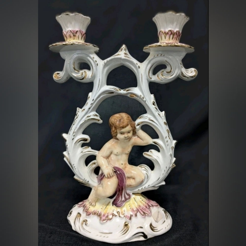 Signed Vintage Keramos R. Capodimonte Porcelain Candlestick Holder Candelabra